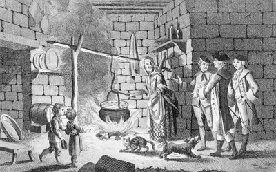 जेम्स बॉवेल, 1775 द्वारा &39;द लाइफ ऑफ जॉनसन&39; से डॉ। सैमुअल जॉनसन का परिचय एक हाईलैंड झोपड़ी से कराया गया द्वारा अंग्रेजी स्कूल