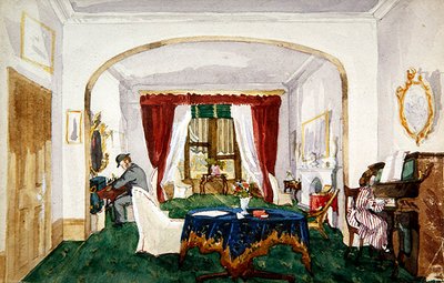 ड्राइंग रूम इंटीरियर, पियानो में महिला, गेंदबाज टोपी लेखन में पुरुष, c.1850 (कागज पर पानी के रंग का) द्वारा अंग्रेजी स्कूल