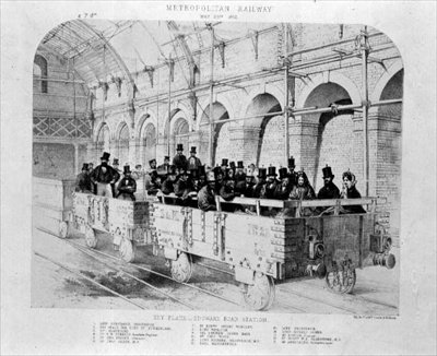 मेट्रोपॉलिटन रेलवे के उद्घाटन यात्रा पर एडगवेयर रोड स्टेशन, 24 मई 1862 (लिथो) द्वारा अंग्रेजी स्कूल