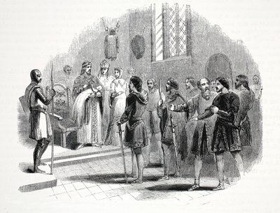 एडवर्ड द फर्स्ट प्रेजेंटिंग वेल्श चीफ्टन्स जो उनके बीच पैदा हुए राजकुमार के साथ है, रूडलान कैसल में द्वारा अंग्रेजी स्कूल