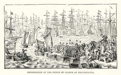 Helvoetsluys पर प्रिंस ऑफ ऑरेंज का आरोहण (रंगीन उत्कीर्णन) द्वारा अंग्रेजी स्कूल