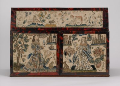 कशीदाकारी कास्केट, c.1660 (रेशम, कैनवास, लकड़ी, कछुआ और चांदी की कलगी) द्वारा English School