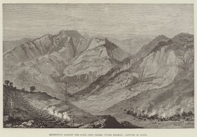 सियिन चिन जनजातियों के खिलाफ अभियान, ऊपरी बर्मा, सियिन पर कब्जा (उत्कीर्णन) द्वारा अंग्रेजी स्कूल