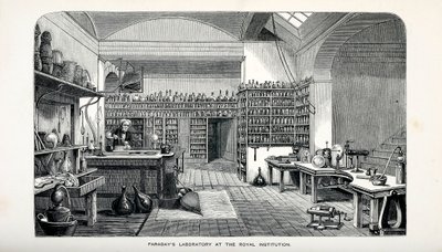 रॉयल इंस्टीट्यूशन, पब में फैराडे की प्रयोगशाला। 1870. द्वारा अंग्रेजी स्कूल