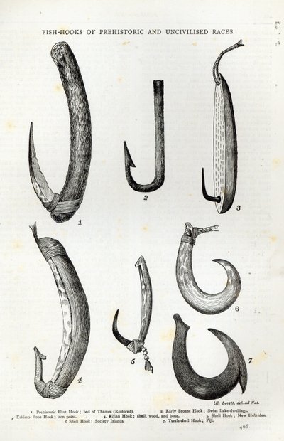 प्रागैतिहासिक और असभ्य जातियों की मछली-हुक, &39;आराम का समय&39;, 1888 (उत्कीर्णन) से द्वारा English School