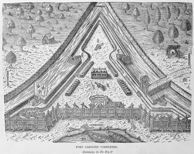 फोर्ट कैरोलीन पूरा, &39;द नैरेटिव एंड क्रिटिकल हिस्ट्री ऑफ अमेरिका&39; से, जस्टिन विंसर द्वारा संपादित, लंदन, 1886 द्वारा अंग्रेजी स्कूल