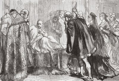 फ्रांसिस I अपनी मृत्यु बिस्तर पर, जेम्स एइटकेन वायली (1808-1890), पब द्वारा द हिस्ट्री ऑफ़ प्रोटेस्टेंटिज़्म का चित्रण। 1878 द्वारा अंग्रेजी स्कूल
