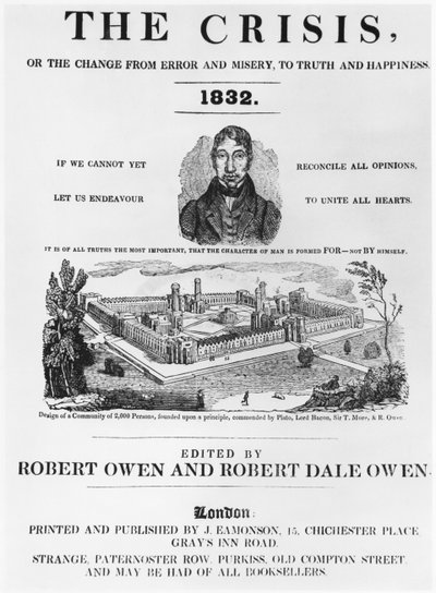 रॉबर्ट ओवेन (1771-1858) और रॉबर्ट डेल ओवेन (1801-77) लंदन, 1832 द्वारा संपादित द क्राइसिस का फ्रंट कवर द्वारा अंग्रेजी स्कूल