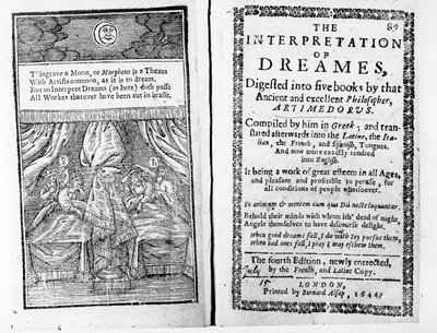 1644 में प्रकाशित अंग्रेजी संस्करण द इंटरप्रिटेशन ऑफ ड्रीम्स इन आर्टेमिडोरस का फ्रंटस्पाईज और टाइटल पेज द्वारा अंग्रेजी स्कूल