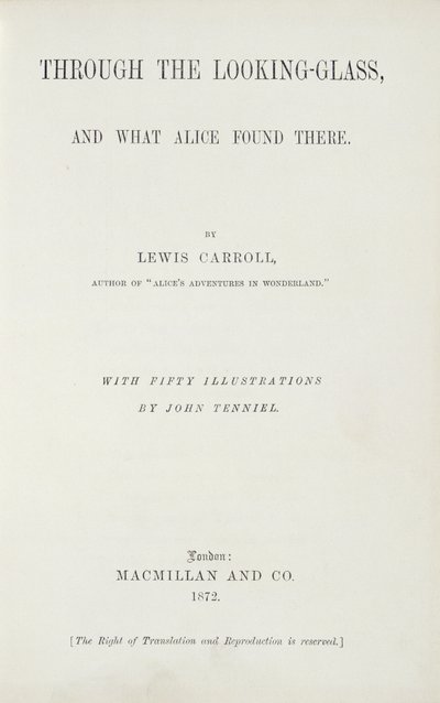 लक्सिस कैरोल (1833-98) द्वारा लुकिंग-ग्लास के माध्यम से ऐलिस के सामने, 1872 में मैकमिलन द्वारा प्रकाशित द्वारा अंग्रेजी स्कूल