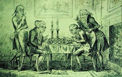 शतरंज का खेल, जॉर्ज क्रुइशांक (1792-1878) द्वारा उकेरा गया, 1 अगस्त 1835 (लिथो) प्रकाशित हुआ। द्वारा अंग्रेजी स्कूल