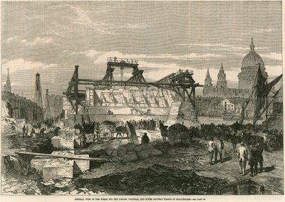 लंदन के ब्लैकपाइर्स में लंदन, चाथम और डोवर रेलवे ब्रिज के कार्यों का सामान्य दृश्य द्वारा अंग्रेजी स्कूल