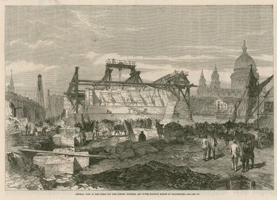 Blackfriars पर लंदन, चैथम और डोवर रेलवे पुल के कार्यों का सामान्य दृश्य द्वारा अंग्रेजी स्कूल