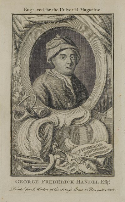 जॉर्ज फ्राइडरिक हैंडेल, यूनिवर्सल मैगज़ीन के लिए उत्कीर्ण, c.1760 द्वारा अंग्रेजी स्कूल