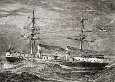 HMS Inflexible, ब्रिटिश रॉयल नेवी के अजेय वर्ग बैटलक्रूज़र, चिल्ड्रन स्पेशल सर्विस मिशन, 1885 द्वारा प्रकाशित &39;हमारी अपनी पत्रिका&39; से चित्रण द्वारा अंग्रेजी स्कूल