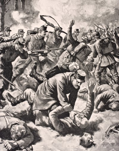 1916 में लंदन में प्रकाशित &39;द वॉर इलस्ट्रेटेड डी-डीलक्स&39; से जर्मन और पश्चिमी सैनिकों के बीच हाथ से लड़ाई करना द्वारा अंग्रेजी स्कूल