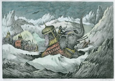 हन्नीबल (247-c.183 ईसा पूर्व) और उनके युद्ध के हाथी आल्प्स को पार करते हुए (बाद में बस्ती) द्वारा अंग्रेजी स्कूल