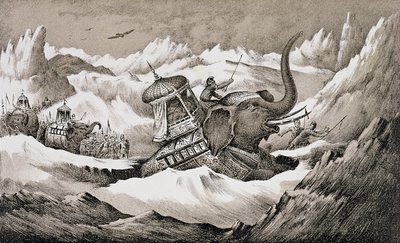 हन्नीबल (247-c.183 ईसा पूर्व) और उनके युद्ध के हाथियों ने आल्प्स को पार किया द्वारा अंग्रेजी स्कूल