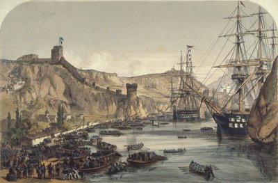 बालाक्लाव का हार्बर काला सागर, 1859 की ओर देखता है द्वारा अंग्रेजी स्कूल