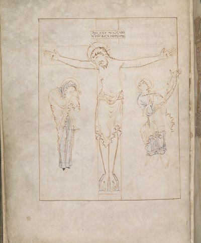 हार्ले 2904, f.3v, क्रूसीफिकेशन; वर्जिन के साथ, और सेंट जॉन एक स्क्रॉल पर अपनी गवाही लिख रहे हैं, रैमसे साल्टर से, लगभग 900-1000 (वेल्लम) द्वारा अंग्रेजी स्कूल