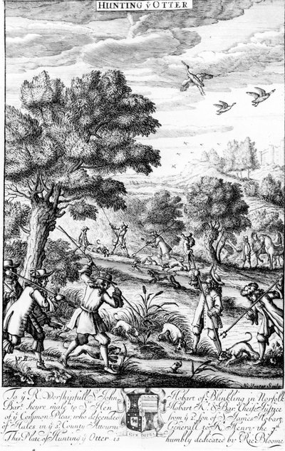 1686 में रिचर्ड ब्लोम द्वारा प्रकाशित &39;द जेंटलमैन रिक्रिएशन&39; से ओटर का शिकार द्वारा अंग्रेजी स्कूल