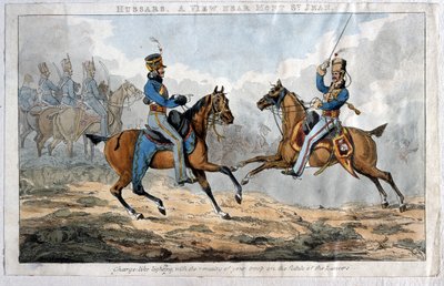 हुसर्स, मोंट सेंट जीन के पास एक दृश्य (रंगीन एक्वाटिंट) द्वारा अंग्रेजी स्कूल