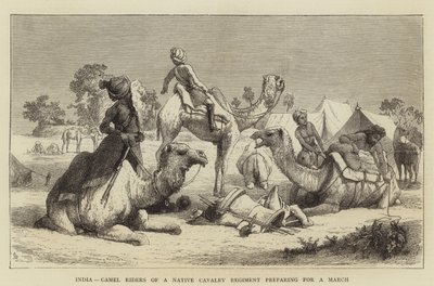 भारत, कैमल राइडर्स ऑफ़ ए नेटिव कैवेलरी रेजिमेंट एक मार्च की तैयारी कर रहा है (उत्कीर्णन) द्वारा अंग्रेजी स्कूल