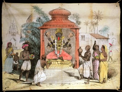 भारत, चित्र और काली की पूजा, c.1850 (स्याही और कपड़े पर washes) द्वारा अंग्रेजी स्कूल