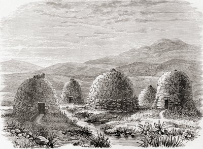 1859 में प्रकाशित सैमुअल जी। ग्रीन द्वारा &39;स्कॉटिश पिक्चर्स ड्रोन विद पेन एंड पेंसिल&39; से 1859 में यूग, लुईस द्वीप के बाहरी द्वीप में बसे हुए झोपड़े द्वारा अंग्रेजी स्कूल