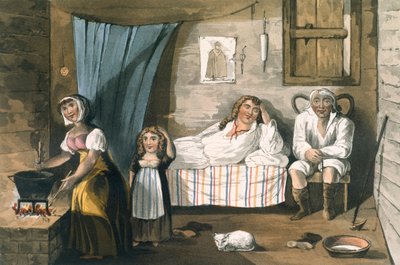 आर। एकरमन, लंदन, 1821 (हाथ से रंगा हुआ जलीय) द्वारा प्रकाशित TH फील्डिंग और जे। वाल्टन द्वारा अंग्रेजी झीलों के एक सुरम्य दौरे से एक कॉटेज के अंदर। द्वारा अंग्रेजी स्कूल