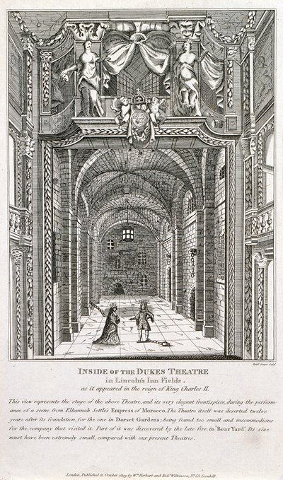 1820 के रिचर्ड सॉयर द्वारा उत्कीर्ण ड्यूक्स थियेटर, लंदन के अंदर द्वारा अंग्रेजी स्कूल