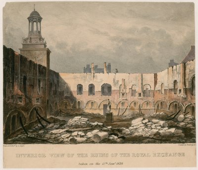 11 जनवरी, 1838 को रॉयल एक्सचेंज, लंदन के खंडहर का आंतरिक दृश्य द्वारा अंग्रेजी स्कूल