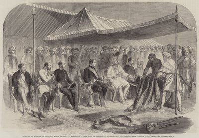 कश्मीरी के महाराजा रुंबीर सिंह और महामहिम लॉर्ड कैनिंग (उत्कीर्णन) के बीच 9 मार्च को सीलकोट में साक्षात्कार द्वारा अंग्रेजी स्कूल