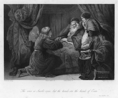 इसहाक ने याकूब को आशीर्वाद दिया, उत्पत्ति XXVII, 22 (उत्कीर्णन) द्वारा अंग्रेजी स्कूल