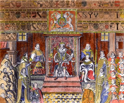 कोर्ट में इंग्लैंड का जेम्स I (1566-1625), (उत्कीर्णन) (बाद में उपनिवेश) द्वारा अंग्रेजी स्कूल