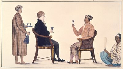 जावा में कॉलिन मैकेंज़ी (1754-1821) की देखरेख में बनाए गए 116 चित्रों के एल्बम से जावा ग्रांडी और एक डचमैन, c.1811-13 (रंग लिथो) द्वारा अंग्रेजी स्कूल
