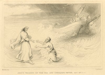 यीशु समुद्र पर चल रहा है और पतरस को थामे हुए, मैथ्यू XIV, 24-33 (उत्कीर्णन) द्वारा अंग्रेजी स्कूल