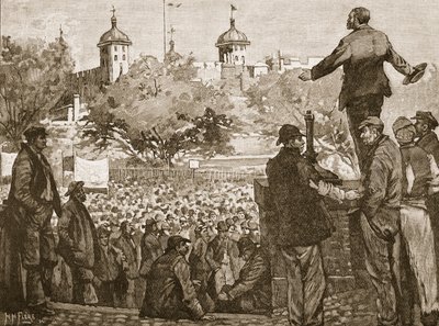 जॉन बर्न्स ने टॉवर हिल, 1889 में डॉकर्स की एक बैठक को संबोधित करते हुए, इंग्लैंड के कैसल्स इलस्ट्रेटेड हिस्ट्री (सेपिया फोटो) से चित्र द्वारा अंग्रेजी स्कूल