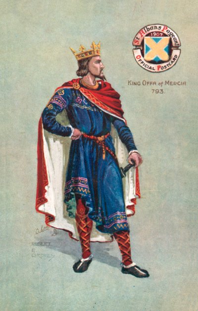मर्सिया के राजा ऑफा 793, सेंट एल्बन का तमाशा 1907 (कलर लिथो) द्वारा अंग्रेजी स्कूल