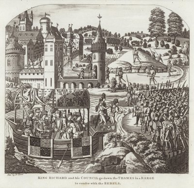 राजा रिचर्ड और उनकी परिषद विद्रोहियों को सम्मानित करने के लिए एक बजरा में टेम्स के नीचे जाती है द्वारा अंग्रेजी स्कूल