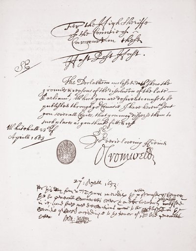 ऑलिवर क्रॉमवेल का पत्र, अप्रैल 1653 द्वारा अंग्रेजी स्कूल