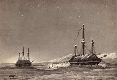 लेफ्टिनेंट विलियम पैरी की पहली यात्रा: HMS Hecla और HMS ग्रिपर विंटर हार्बर में, c.1819 (कलम और स्याही और कागज पर धोएं) द्वारा अंग्रेजी स्कूल