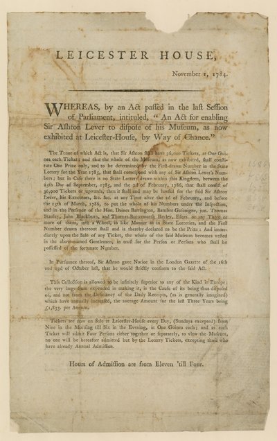 सर एश्टन लीवर्स संग्रहालय, 1784 के निपटान के लिए लॉटरी द्वारा अंग्रेजी स्कूल
