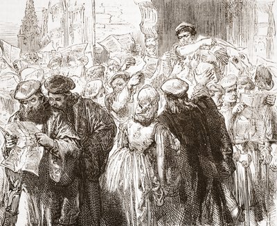 लूथर्स पैम्फलेट: प्रिंटिंग-हाउस में दृश्य, जेम्स एइटकेन वायली (1808-1890), पब द्वारा प्रोटेस्टेंटवाद के इतिहास से चित्रण। 1878 द्वारा अंग्रेजी स्कूल