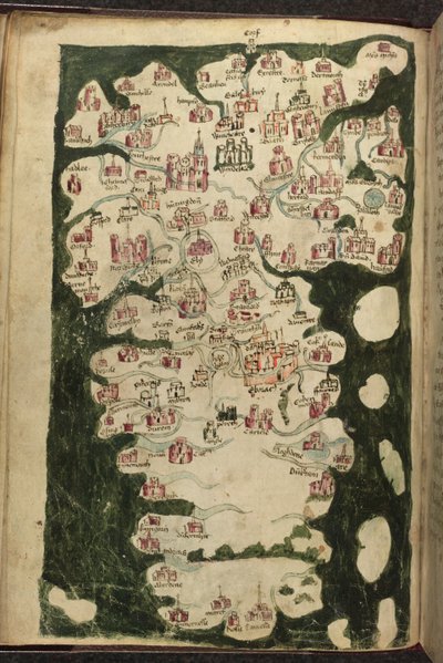 एमएस हार्ले 1808, f.9v इंग्लैंड और वेल्स का मानचित्र, #39;टोटियस ब्रिटैन टैबुला कोरियोग्राफिका#39; से, c.1400 (वेल्लम) द्वारा अंग्रेजी स्कूल