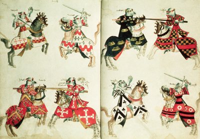 एमएस हार्ले 4205 fol.31v-32 घुड़सवार योद्धा हेराल्डिक प्रतीक (वेल्लम) दिखाते हुए द्वारा अंग्रेजी स्कूल