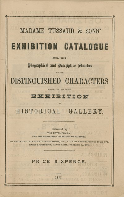 1875 के लिए मैडम तुसाद एंड संस प्रदर्शनी कैटलॉग द्वारा अंग्रेजी स्कूल