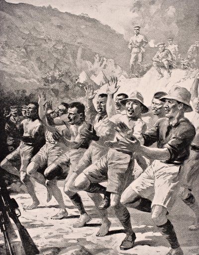 माओरी सैनिकों ने लंदन, 1916 में प्रकाशित &39;द वॉर इलस्ट्रेटेड एल्बम डे-डीलक्स&39; से गैलीपोली प्रायद्वीप तुर्की 1915 पर गाबा टेप पर एक हाका प्रदर्शन किया। द्वारा अंग्रेजी स्कूल