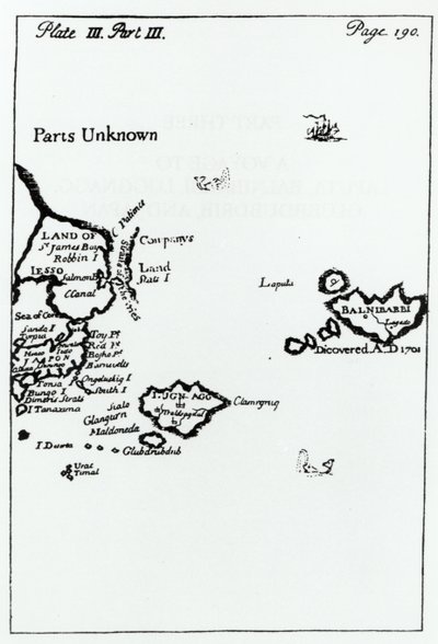 जोनाथन स्विफ्ट द्वारा गुलिवर्स ट्रेवल्स का मानचित्र (1667-1745) द्वारा अंग्रेजी स्कूल