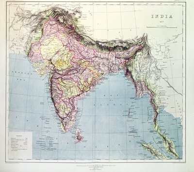 भारत का नक्शा, कर्नल एचआर थिलियर, आरई, भारत के सर्वेयर जनरल, 1877 के निर्देशन में प्रकाशित द्वारा अंग्रेजी स्कूल